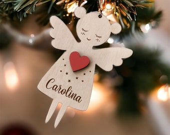Adorno de ángel personalizado con nombre, adorno conmemorativo, ángel de madera, adorno navideño para bebé niña.