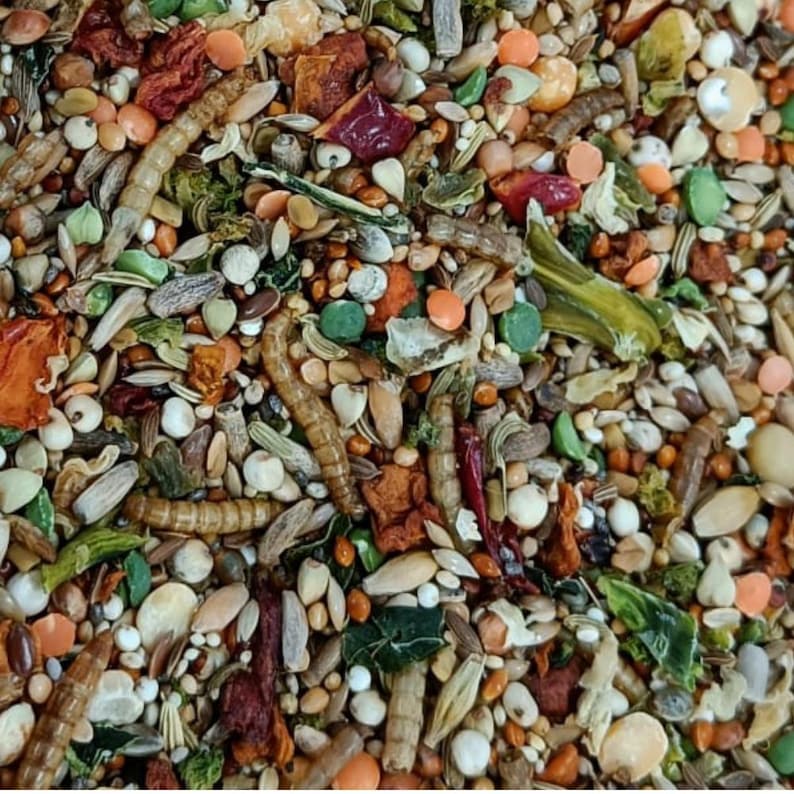 May include: A close-up of a mixture of dried seeds, grains, and insects. The mixture is a light brown color with some red and green accents. The seeds and grains are small and round, while the insects are long and thin.