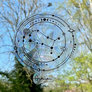 ふたご座の星座サンキャッチャー、星のサンサンキャッチャー、窓用デカール、星座ステッカー、レインボー窓用ステッカー、レインボー、サンキャッチャーステッカー。