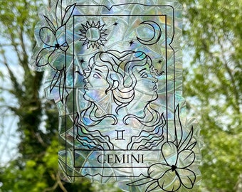 Gemini Tarot Card Star Sign Sun Catcher, Star Sun Suncatcher, Decalque de janela, Adesivo de sinal de estrela Adesivo de janela de arco-íris, Adesivo de coletor de sol.
