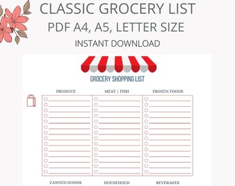 French Style Grocery List Printable: Shopping Checklist (Digital Download).