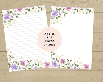 Peut inclure: Deux feuilles de papier A4, une lignée et une non lignée, avec un motif floral. Le motif présente des fleurs violettes et roses, des feuilles vertes et de petits cercles verts. Le texte "A4 SIZE PDF LINED/ UNLINED" est au centre.