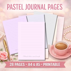 May include: Pastel journal pages in shades of pink, lavender, and cream with lined paper. The image includes a gold pen, a pink rose, a cup of coffee, and a pearl necklace. Text reads "PASTEL JOURNAL PAGES" and "28 PAGES • A4 & A5 • PRINTABLE."