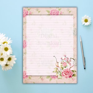 Embroidered teapot surrounded by pink roses,Shabby Chic Vintage Stationery Set ,Printable letter writing paper,Junk Journal