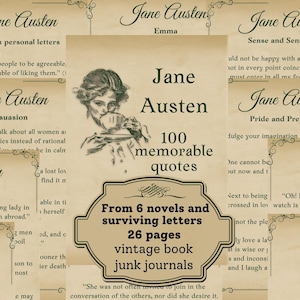 Jane Austen Vintage Quotes-boek, efemere woorden, ongewenste tijdschriften, afdrukbaar papier, plakboek, citaten uit de literatuur, onmiddellijke download