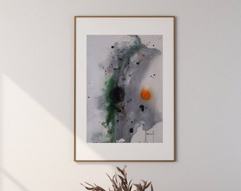 Abstract watercolor painting. Original painting on paper, green gray watercolor painting. 27.5x19.7inch Original modern abstract art.