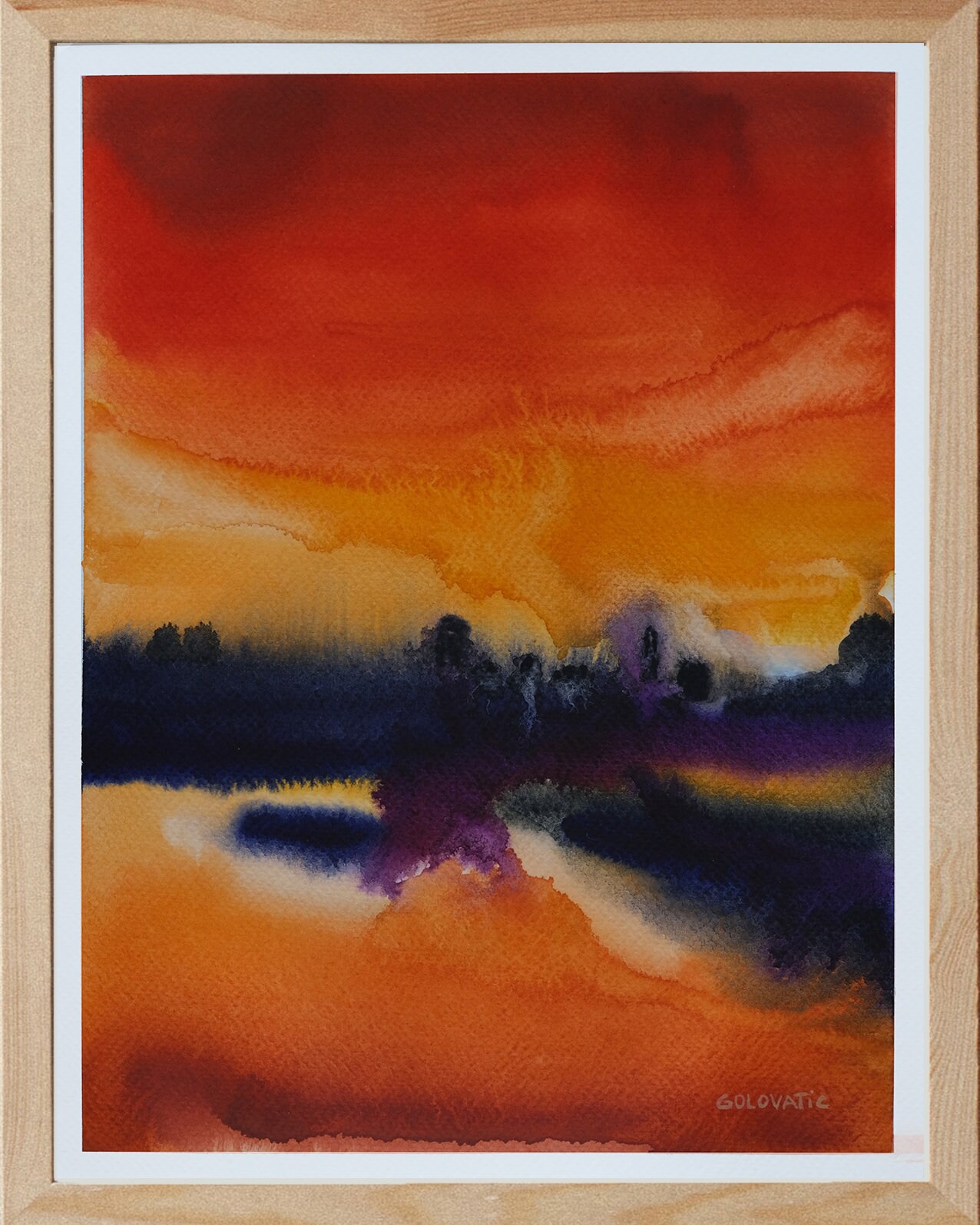 抽象的な夕焼けの水彩画、オリジナル風景画（12.6x9.4インチ） - Etsy 日本