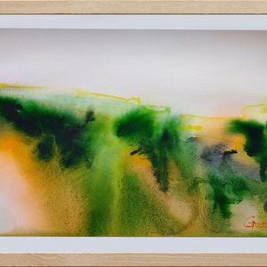 Pintura abstrata em aquarela. Arte original sobre papel, pintura em aquarela de paisagem verde. 11,5 x 8,3 pol. Arte abstrata verde paisagem original.