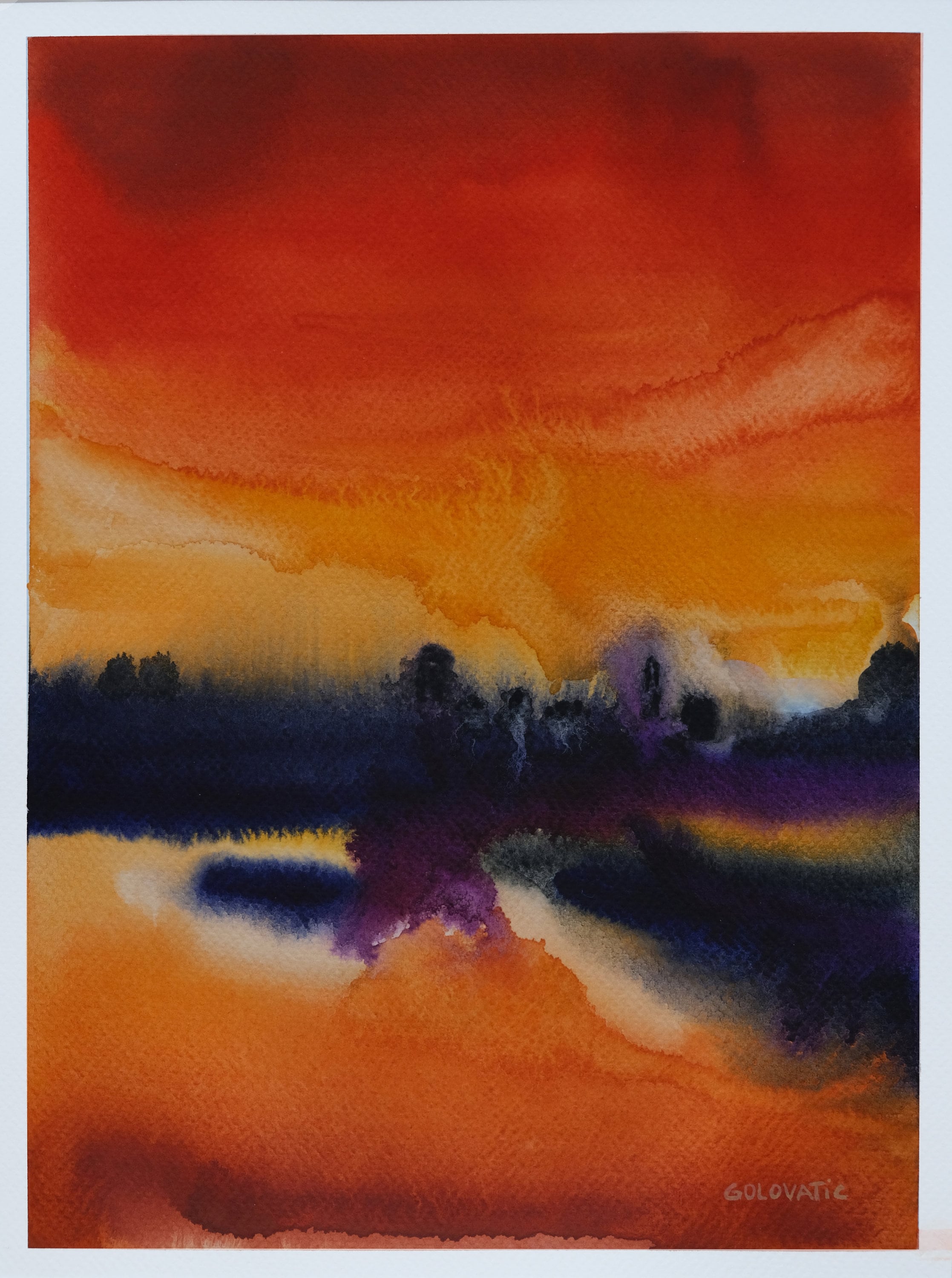 油彩画 夕焼けの風景 約30cm 抽象的な夕焼けの水彩画、オリジナル風景画（12.6x9.4インチ） - Etsy 日本