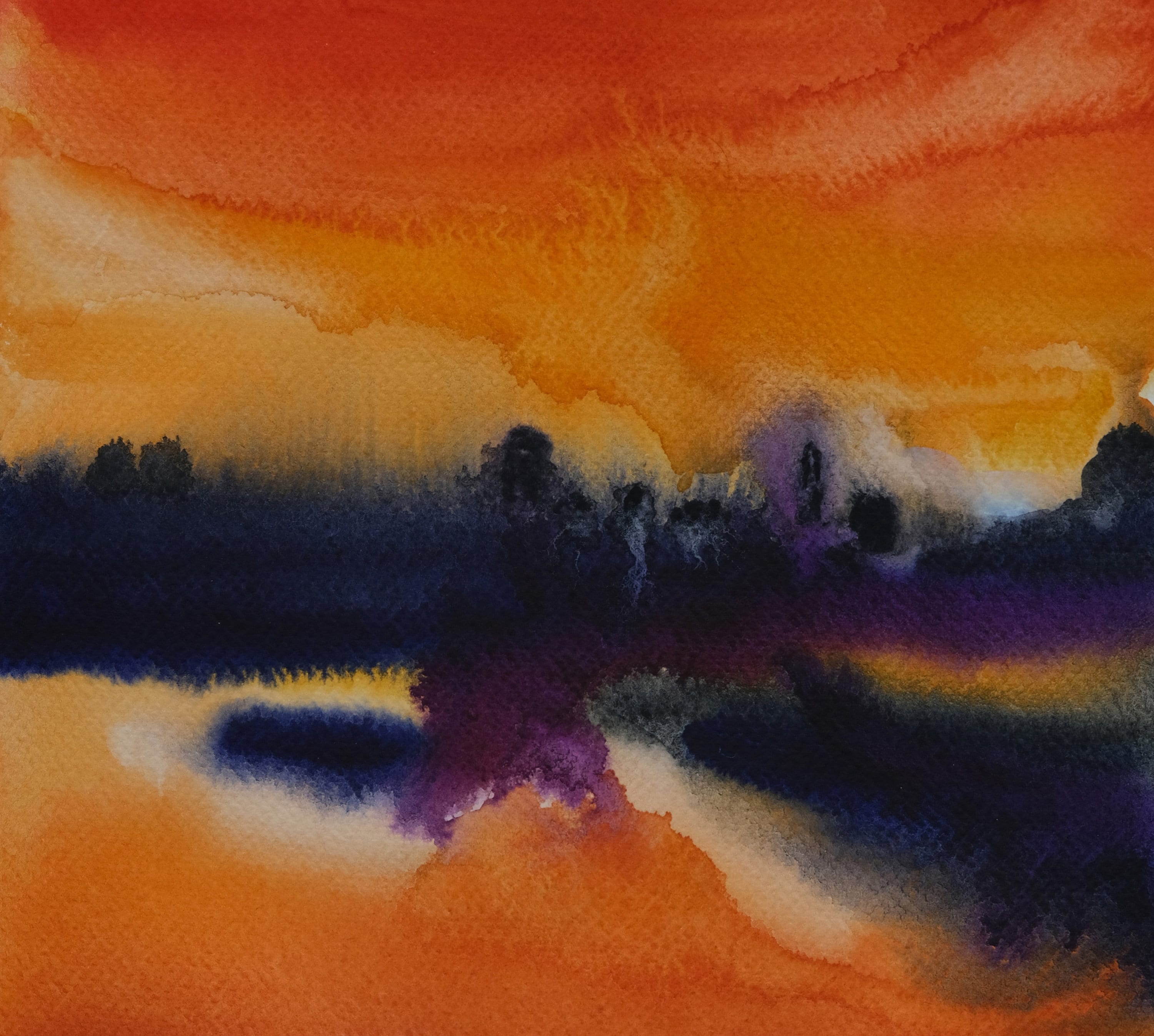 抽象的な夕焼けの水彩画、オリジナル風景画（12.6x9.4インチ） - Etsy 日本
