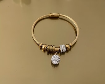 Gold Plated Stainless Steel Bangle Bracelet With Magnetic Claps | Cubic Zirconia Charm