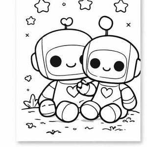 Könnte beinhalten: Schwarz-Weiß-Strichzeichnung von zwei Cartoon-Robotern, die sich an den Händen halten. Die Roboter haben runde Köpfe, große Augen und Herzen auf der Brust. Sterne und Gras sind im Hintergrund. Es ist eine Malvorlage.