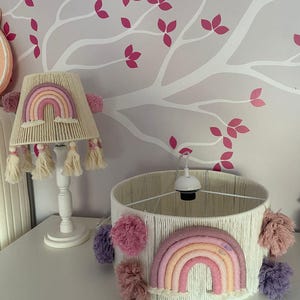 Handmade Macrame Lampshade & Table Lamp Set – Rainbow Design – Nursery or Kids Room Decor