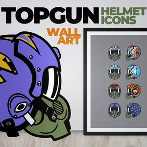 TopGun Helmets Wall Art 80s Pilot Helmets Framed Aviation man cave Decor Illustration Print paint HGU-33 Maverick Goose Iceman Viper Jester