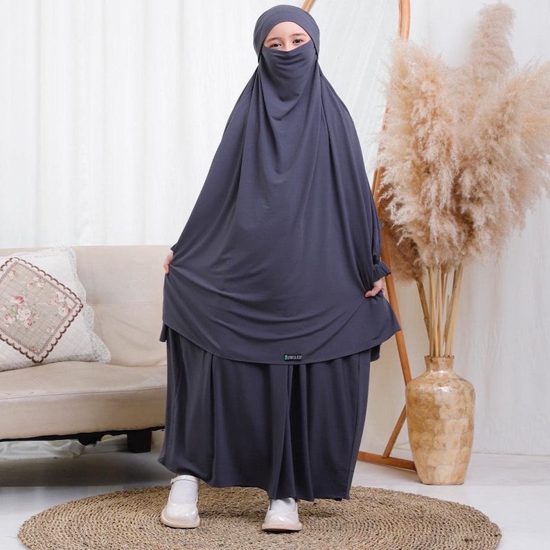 Kids Set Abaya Fatimah series / Muslim Girl Dress /Islamic Baby or Kids dress Dark Grey