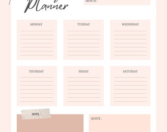 Digital printable planner | Weekly printable planner | Pink feminine printable weekly planner | Digital download