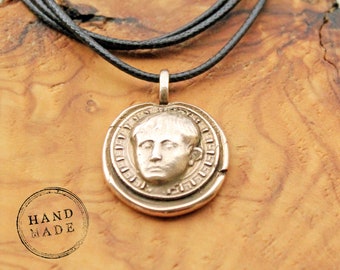 Augustus ketting, diepdruk bedel sieraden, bronzen buste ketting, augustus caesar hanger, was zegel ketting, Romeinse keizer standbeeld