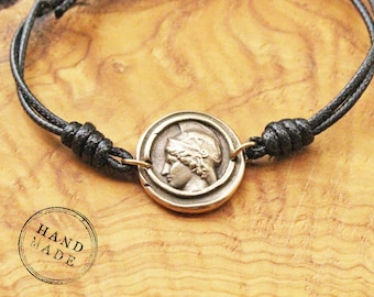 Ręcznie robiona bransoletka z brązu z motywem Ateny, bransoletka z monetą greckiej bogini, biżuteria Grand Tour