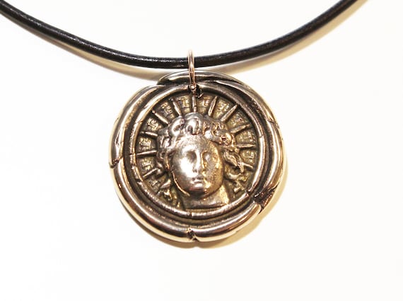 Large Helios Necklace, Antique Bronze Sun God Pendant, Wax Seal