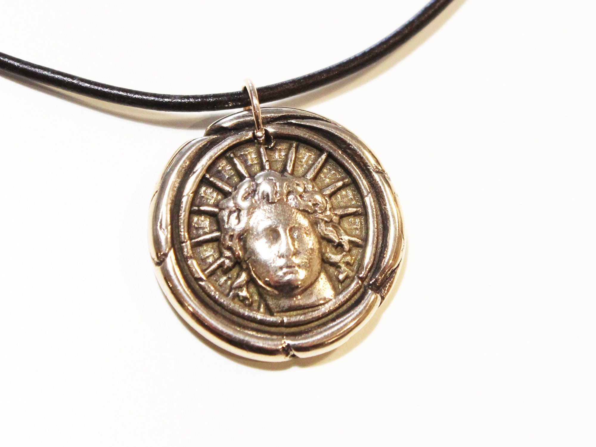 Large Helios Necklace, Antique Bronze Sun God Pendant, Wax Seal