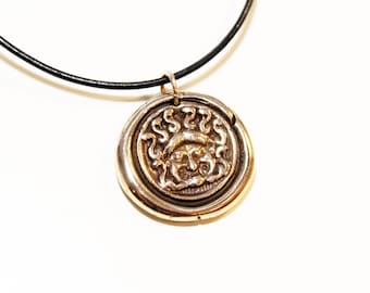 Bronze Medusa Necklace, Greek Coin Pendant, Goddess Jewelry, Medusa Cameo Necklace, Gorgon Charm Pendant, Antique Wax Seal, Serpent Intaglio