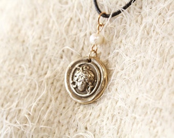 Medusa Necklace, Greek Goddess Jewelry, Medusa Cameo Necklace, Gorgon Pearl Charm Pendant, Antique Wax Seal, Serpent Intaglio