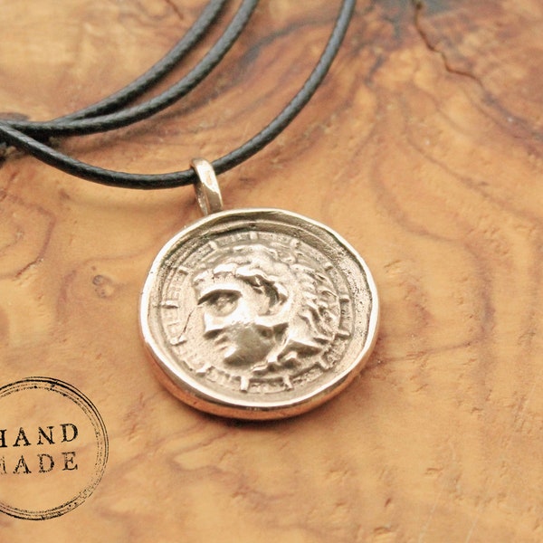 Alexander the Great Pendant, Antique Greek Jewelry, Bronze Cameo Necklace, Coin Jewelry, Wax Seal Charm, Intaglio Jewelry, Museum Replica