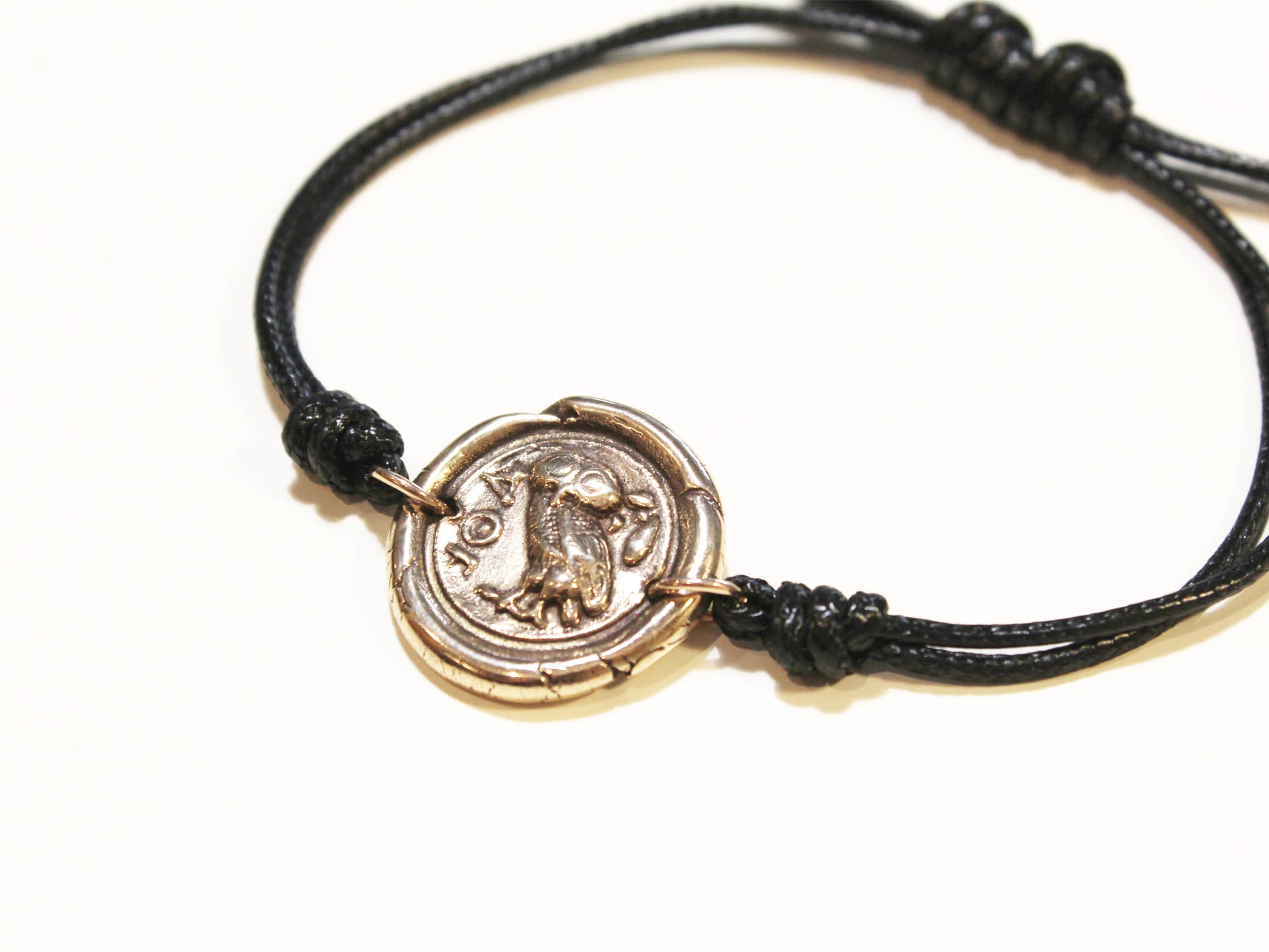 Owl of Athena Bronze Bracelet, Greek Goddess Coin Talisman, Handmade Charm