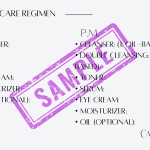Könnte beinhalten: Eine Hautpflege-Routine-Tabelle mit einer Liste von Schritten für die Morgen- und Abendroutine. Die Tabelle enthält Schritte für Reinigung, Toner, Serum, Augencreme, Feuchtigkeitscreme, Öl und Sonnenschutz.