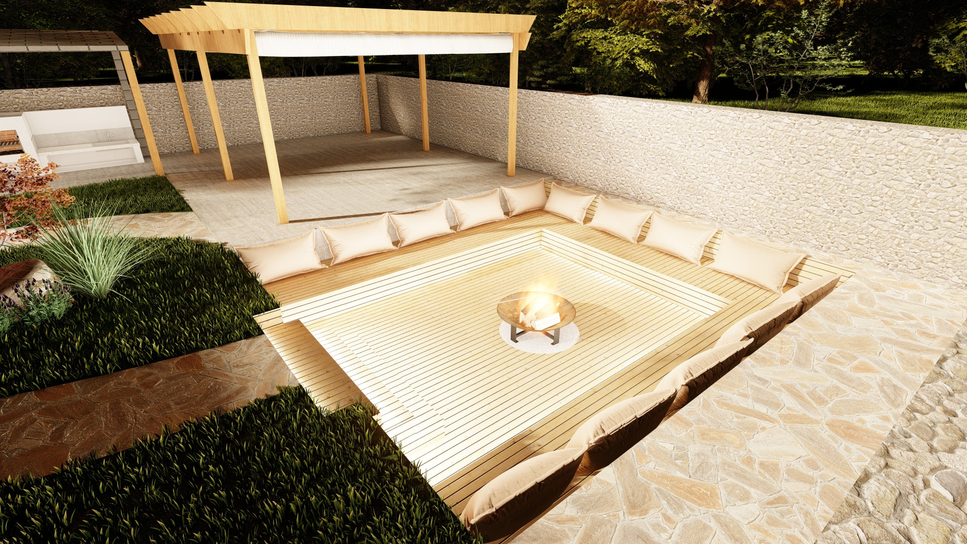 Diseño de jardín: Zona de estar con fogata (hazlo tú mismo), patio trasero  (hazlo tú mismo), plano de cenador (hazlo tú mismo), planos de pérgola  moderna - Diseño de paisajes para las, image size:1920x1080