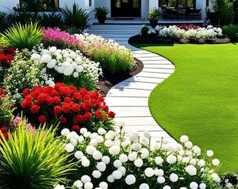 Op de afbeelding: Een wit huis met een donkerbruin dak en zwarte afwerking. Een kronkelend stenen pad leidt naar de voordeur, geflankeerd door levendige bloembedden met rode, witte en roze bloemen. Groen gras grenst aan het pad.