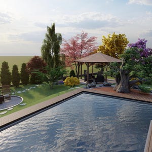 Design de quintal online, renderização 3D de quintal, renderização 3D, personalizado, design de paisagem, design de piscina, design de pérgola, design de pátio paisagístico