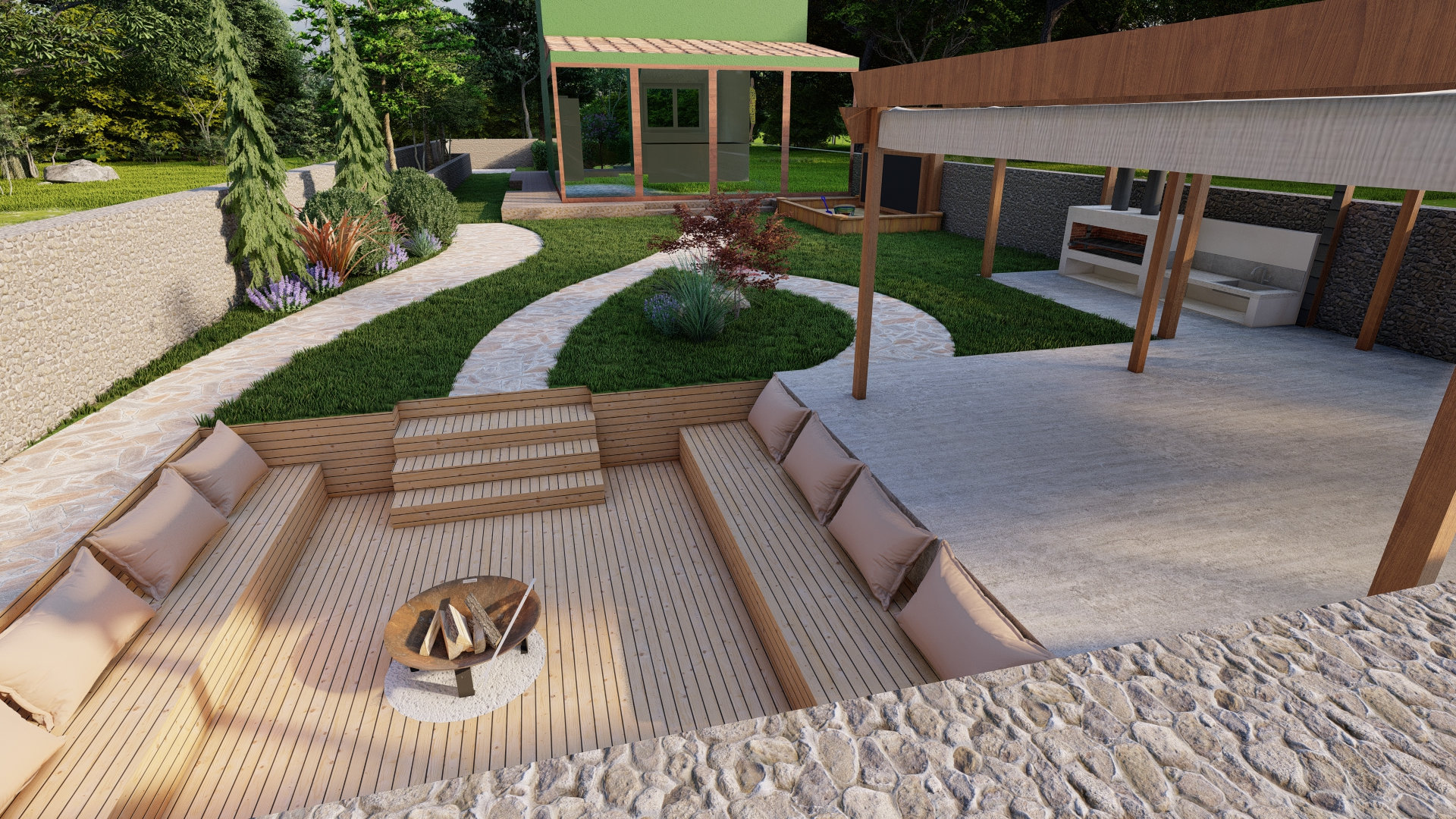 Diseño de jardín: Zona de estar con fogata (hazlo tú mismo), patio trasero  (hazlo tú mismo), plano de cenador (hazlo tú mismo), planos de pérgola  moderna - Diseño de paisajes para las, image size:1920x1080