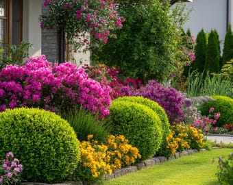 May include: A vibrant garden scene featuring a variety of colorful flowers and shrubs. The image showcases bright pink azaleas, rounded green bushes, and yellow flowers, all set against a backdrop of green grass and a house.