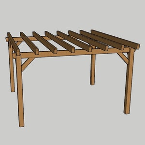 May include: A wooden pergola with a brown stain. The pergola has six horizontal beams and four vertical posts.