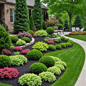 May include: A beautifully landscaped garden with a variety of plants and shrubs. The garden features a curved pathway, lush green grass, and a mix of green, pink, and yellow foliage. Tall evergreen trees are in the background.