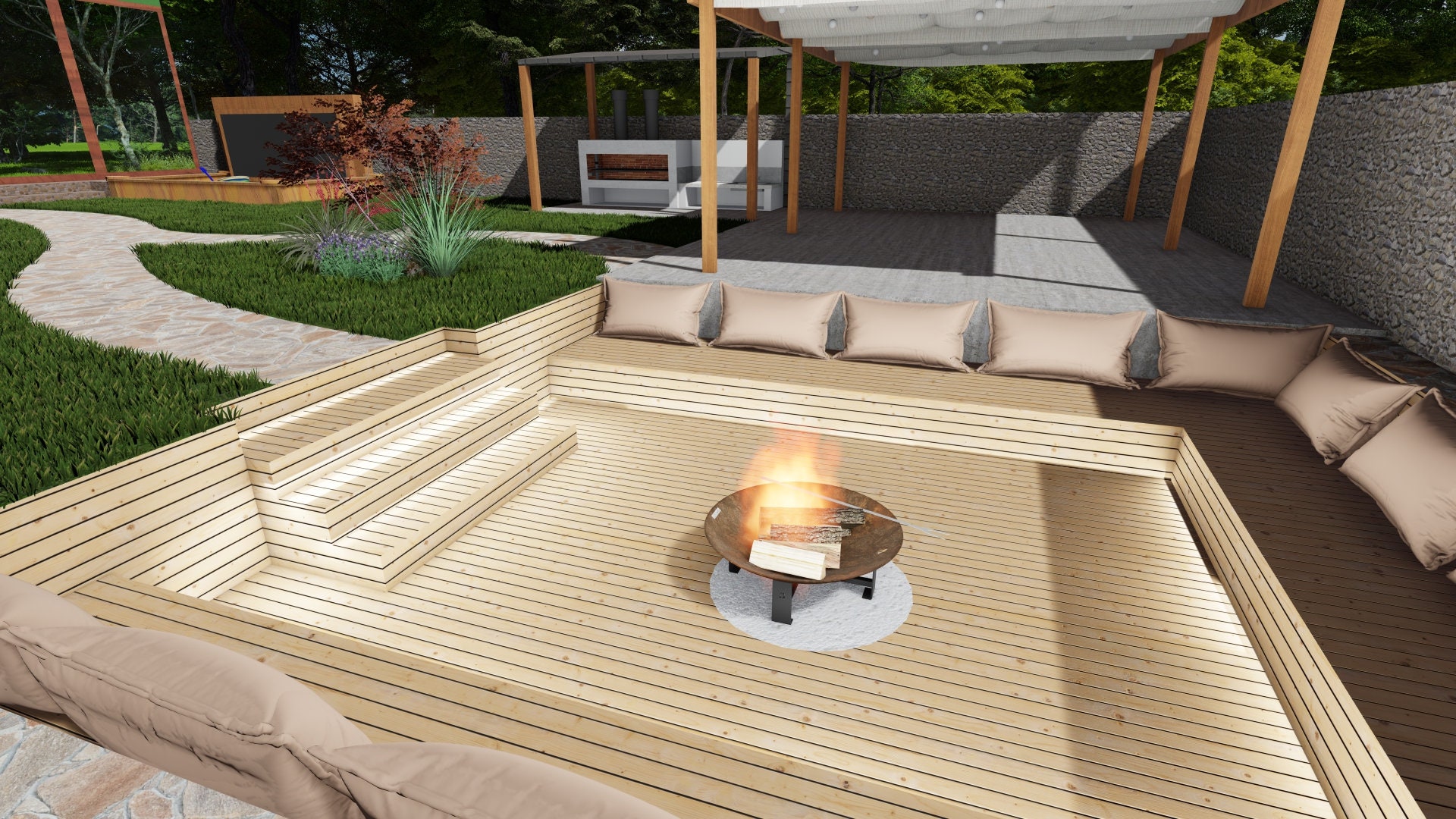 Diseño de jardín: Zona de estar con fogata (hazlo tú mismo), patio trasero  (hazlo tú mismo), plano de cenador (hazlo tú mismo), planos de pérgola  moderna - Diseño de paisajes para las, image size:1920x1080