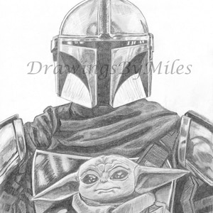The Mandalorian with Grogu Pencil  Drawing Print | Star Wars
