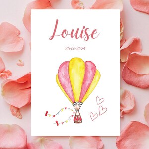 Personalized &quot;Hot Air Balloon&quot; poster, in watercolor, for the birth of a baby girl. Digital format ready to print.