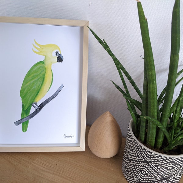 Affiche perroquet en aquarelle pour enfant, format imprimé ou format numérique.