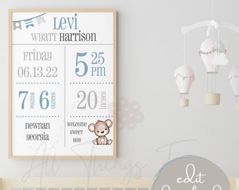 Baby Boy Birth Print | Digital Birth Print | New Baby Gift | Editable Baby Birth Print | Birth Stats | Birth Stat Poster | Nursery Decor |
