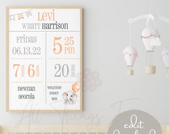 Baby Boy Birth Print | Digital Birth Print | New Baby Gift | Editable Baby Birth Print | Birth Stats | Birth Stat Poster | Nursery Decor |