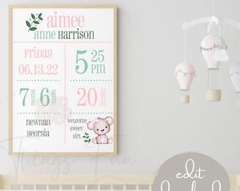 Stampa nascita bambina / Stampa nascita digitale / Nuovo regalo bambino / Stampa nascita bambino modificabile / Statistiche nascita / Poster statistica nascita / Arredamento asilo nido /