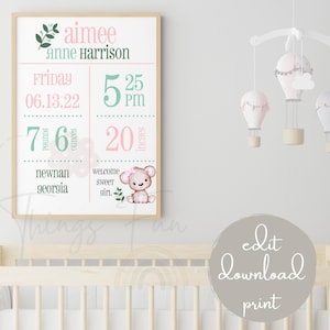Baby Girl Birth Print | Digital Birth Print | New Baby Gift | Editable Baby Birth Print | Birth Stats | Birth Stat Poster | Nursery Decor |