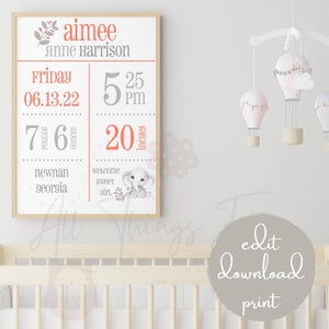 Baby Girl Birth Print | Digital Birth Print | New Baby Gift | Editable Baby Birth Print | Birth Stats | Birth Stat Poster | Nursery Decor |