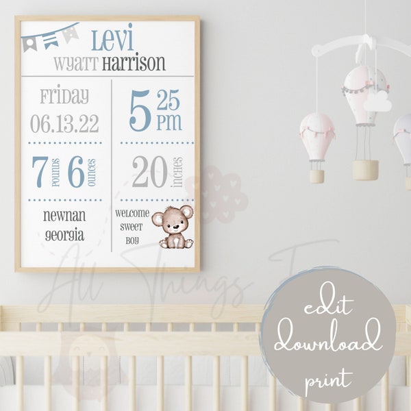 Baby Boy Birth Print | Digital Birth Print | New Baby Gift | Editable Baby Birth Print | Birth Stats | Birth Stat Poster | Nursery Decor |