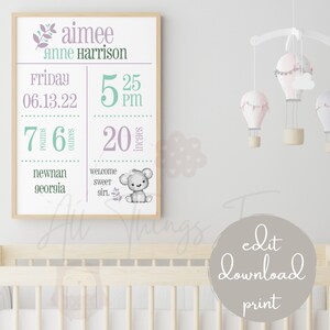 Baby Mädchen Geburtsdruck | Digitaler Geburtsdruck | Neues Baby-Geschenk | Bearbeitbarer Baby-Geburtsdruck | Geburtsstatistiken | Geburtsstatistik-Poster | Kinderzimmer Dekor |