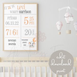 Baby Boy Birth Print | Digital Birth Print | New Baby Gift | Editable Baby Birth Print | Birth Stats | Birth Stat Poster | Nursery Decor |