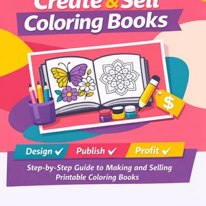 May include: A colorful graphic promoting "Create & Sell Coloring Books." The image features an open coloring book with butterfly and floral designs, pencils, and paint pots. Text includes "Design," "Publish," and "Profit."