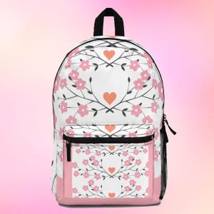 Floral Heart Backpack, Cute School Bag, Floral Print Backpack, Gift for Her, Trendy Travel Bag, Everyday Use, Backpack with Hearts